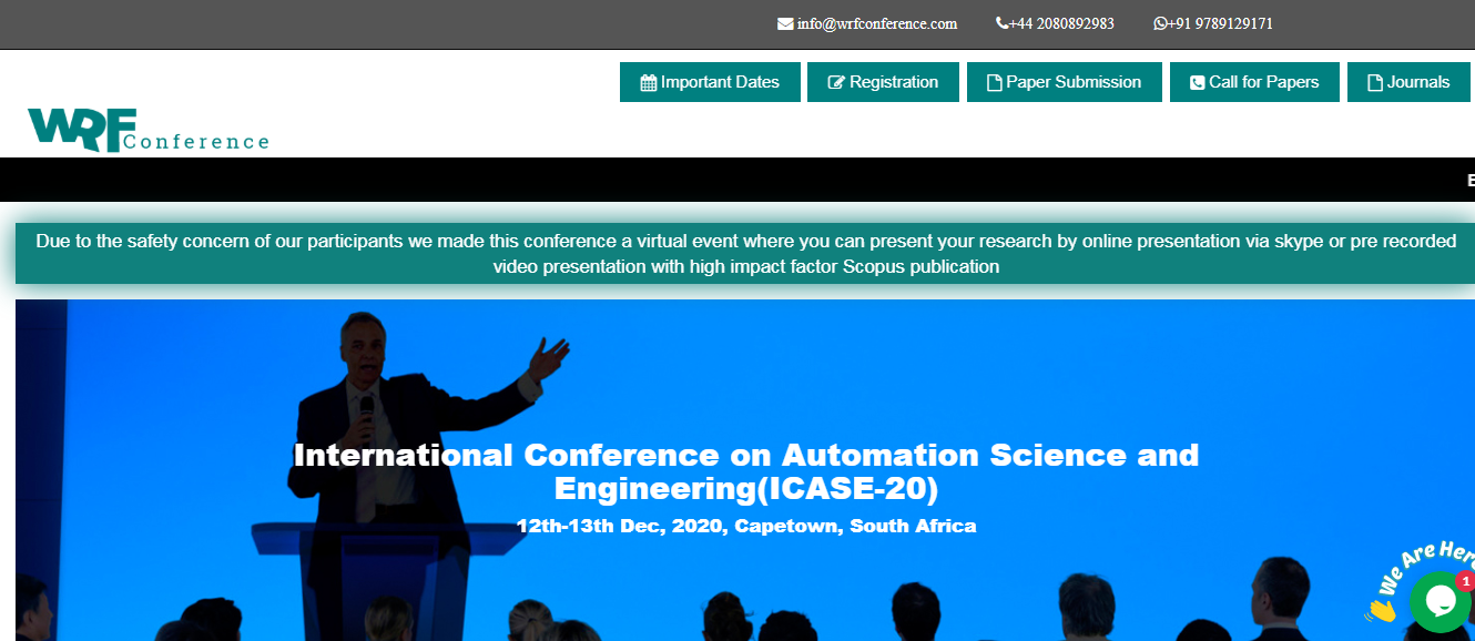 International Conference on Automation Science and Engineering(ICASE-20), Capetown, South Africa