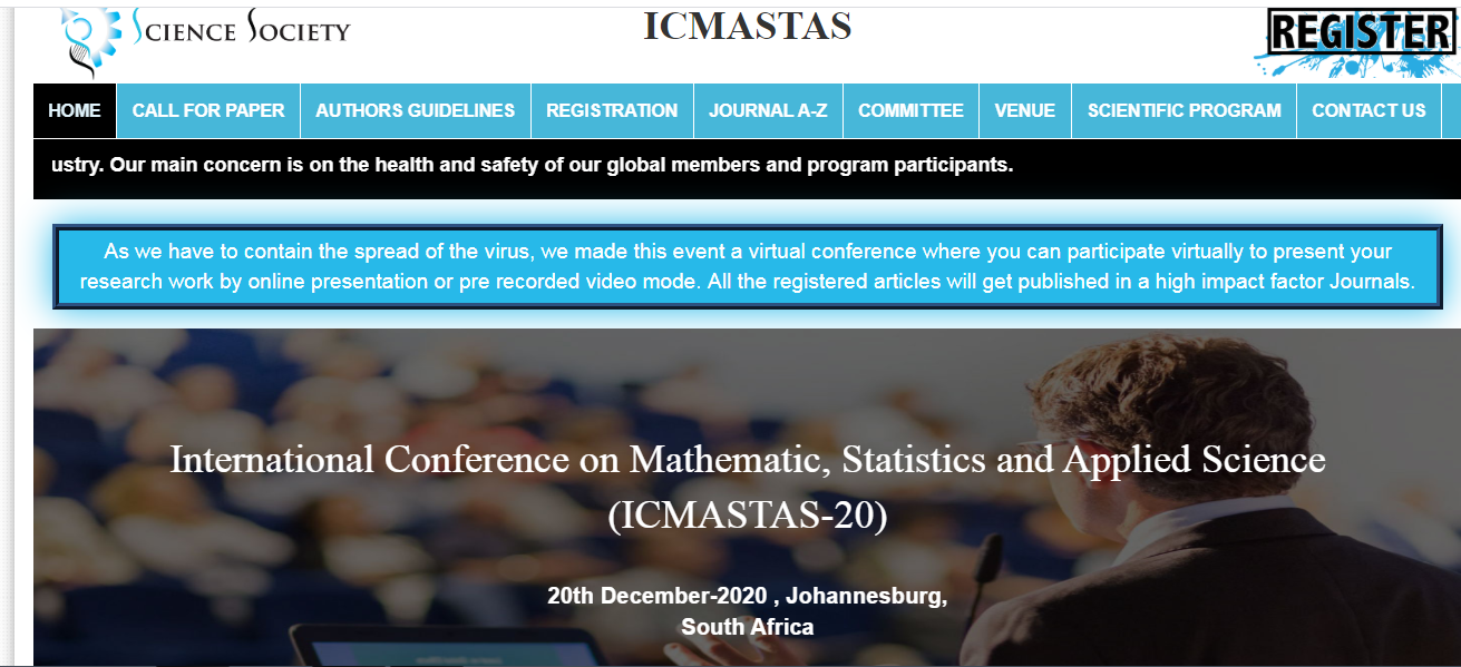 International Conference on Mathematic, Statistics and Applied Science (ICMASTAS-20), Johannesburg, South Africa