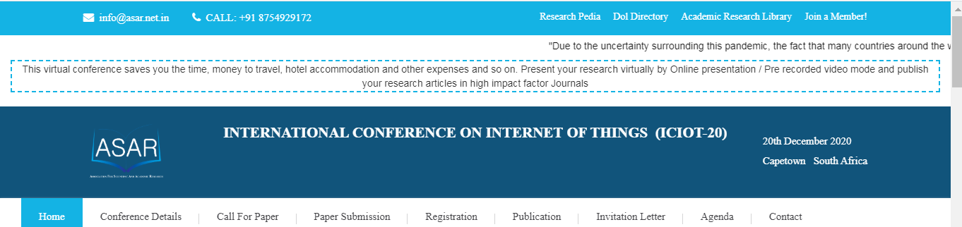INTERNATIONAL CONFERENCE ON INTERNET OF THINGS  (ICIOT-20), Capetown, South Africa