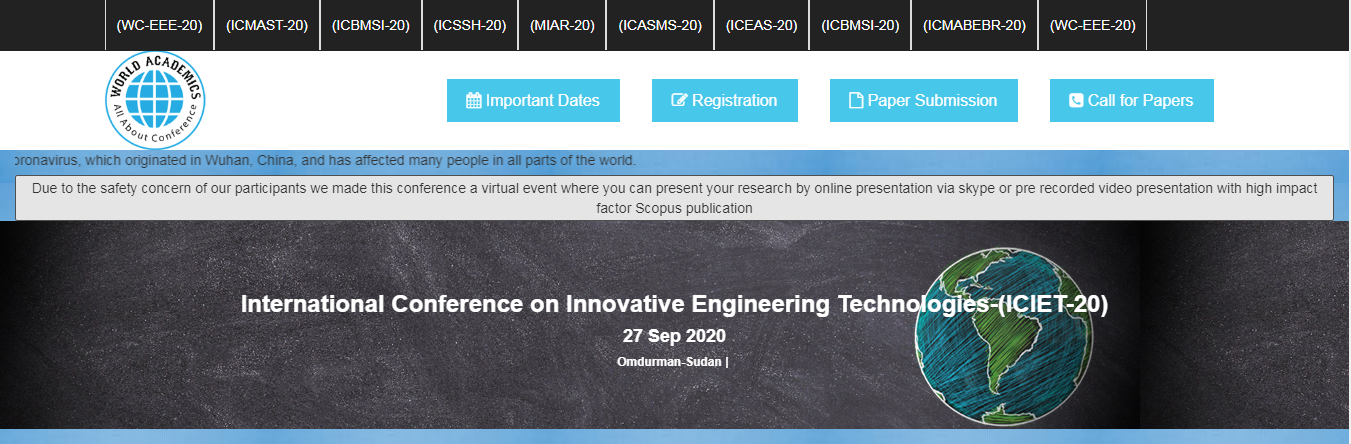 International Conference on Innovative Engineering Technologies-(ICIET-20), Omdurman-Sudan, Sudan