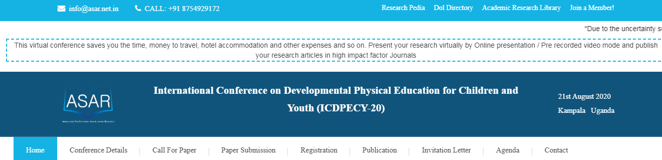 International Conference on International Conference on Developmental Physical Education for Children and Youth (ICDPECY-20) (ICDPECY-20), Kampala, Uganda