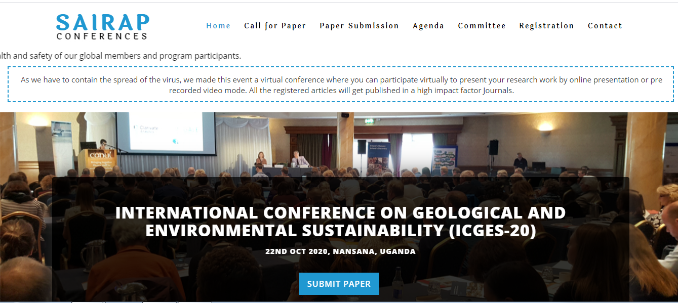 INTERNATIONAL CONFERENCE ON GEOLOGICAL AND ENVIRONMENTAL SUSTAINABILITY (ICGES-20), Nansana, Uganda