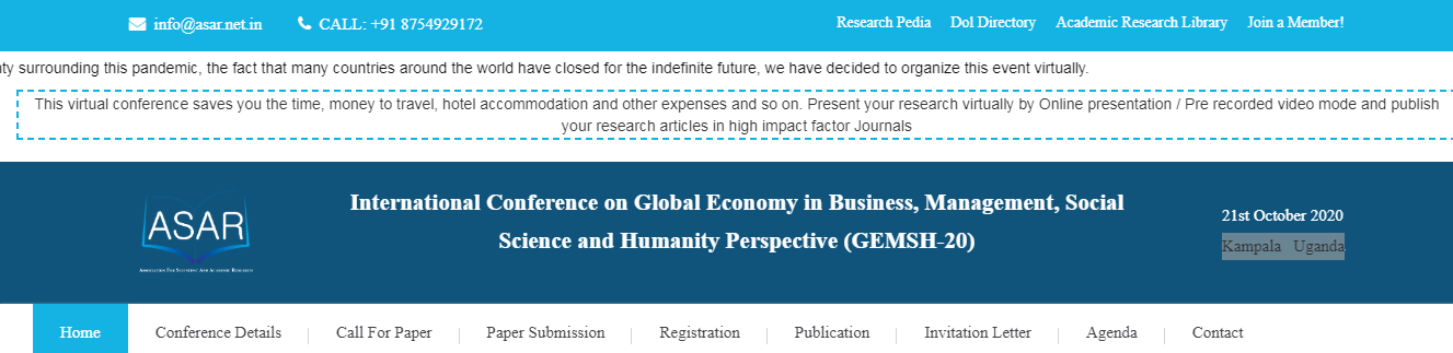 International Conference on Global Economy in Business, Management, Social Science and Humanity Perspective (GEMSH-20), Kampala, Uganda