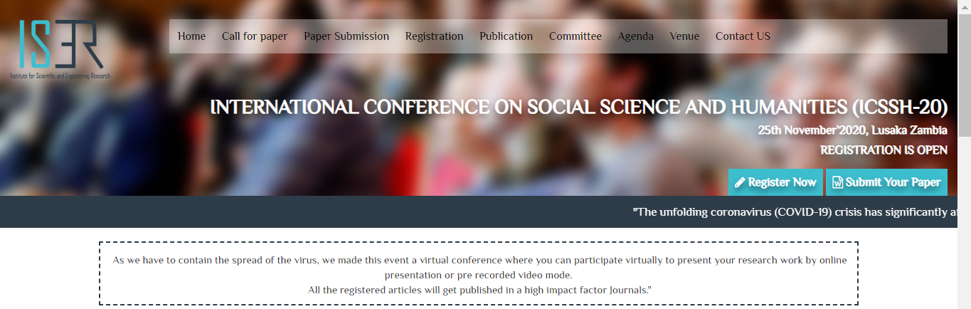 INTERNATIONAL CONFERENCE ON SOCIAL SCIENCE AND HUMANITIES (ICSSH-20), Lusaka, Zambia