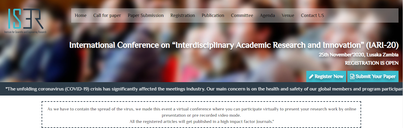 International Conference on “Interdisciplinary Academic Research and Innovation” (IARI-20), Lusaka, Zambia