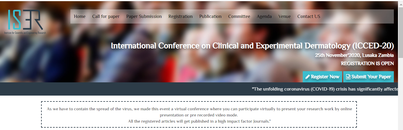 International Conference on Clinical and Experimental Dermatology (ICCED-20), Lusaka, Zambia