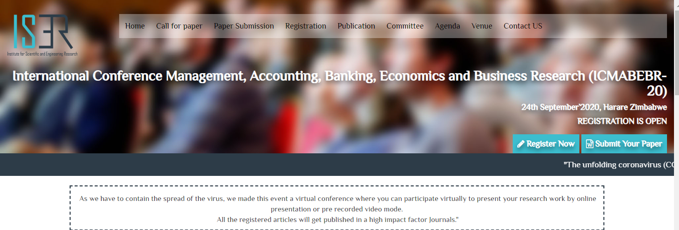 International Conference Management, Accounting, Banking, Economics and Business Research (ICMABEBR-20), Harare, Zimbabwe