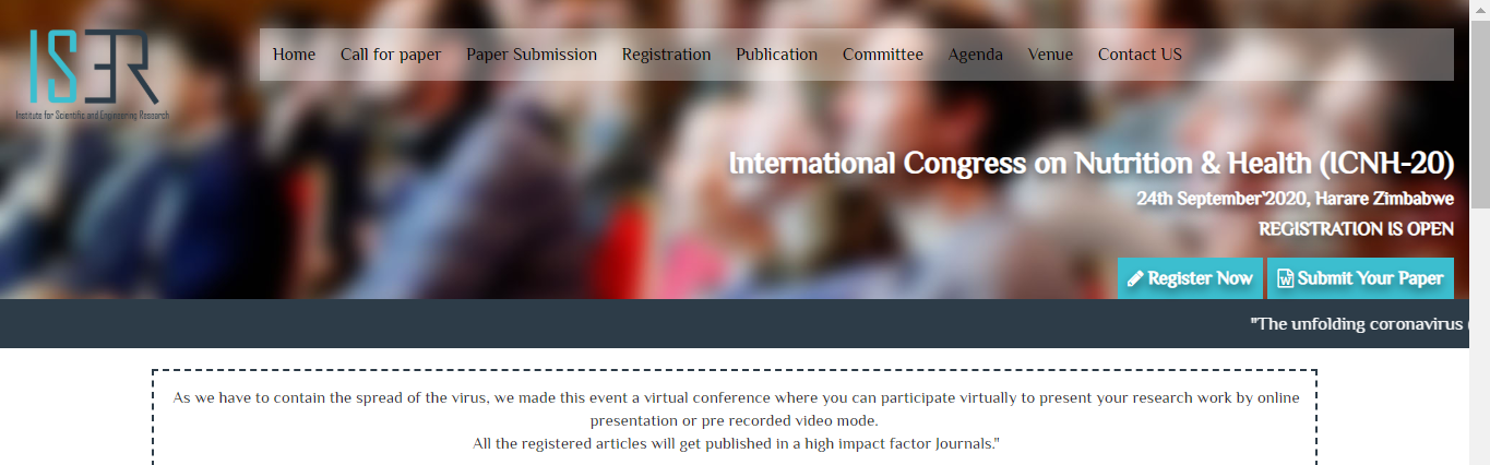 International Congress on Nutrition & Health (ICNH-20), Harare, Zimbabwe