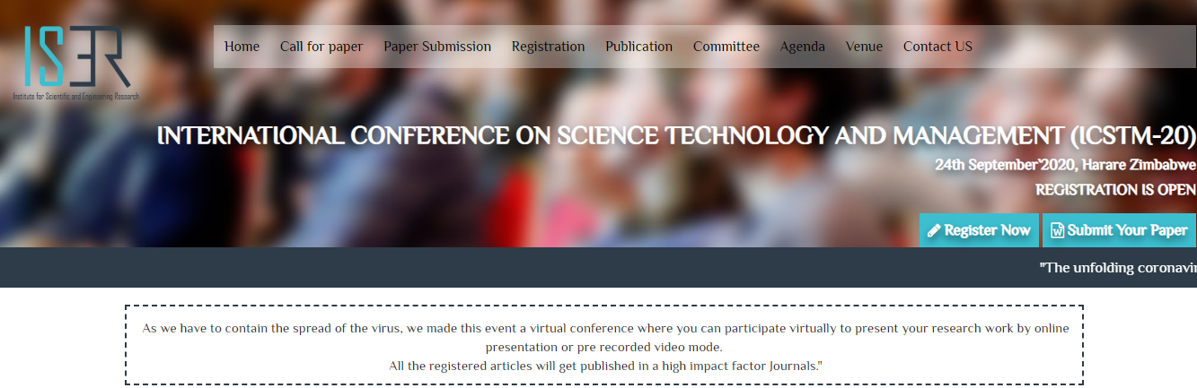 INTERNATIONAL CONFERENCE ON SCIENCE TECHNOLOGY AND MANAGEMENT (ICSTM-20), Harare, Zimbabwe
