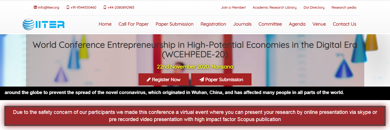World Conference Entrepreneurship in High-Potential Economies in the Digital Era (WCEHPEDE-20), NANSANA, UGANDA, Uganda