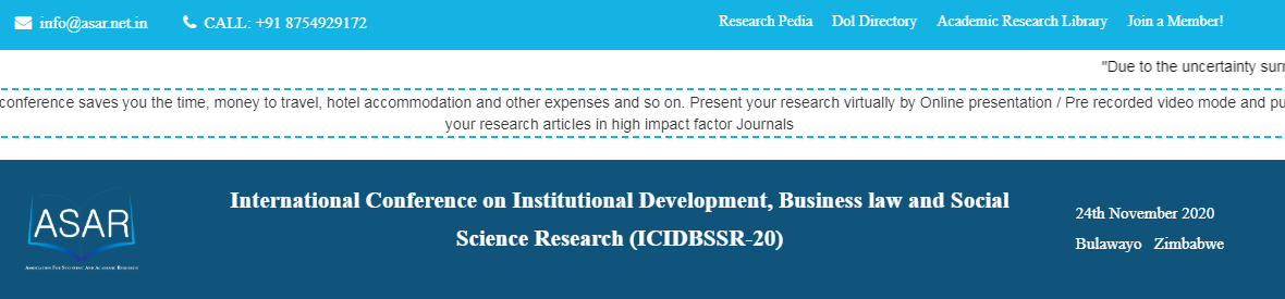 International Conference on Institutional Development, Business law and Social Science Research (ICIDBSSR-20), Bulawayo, Zimbabwe