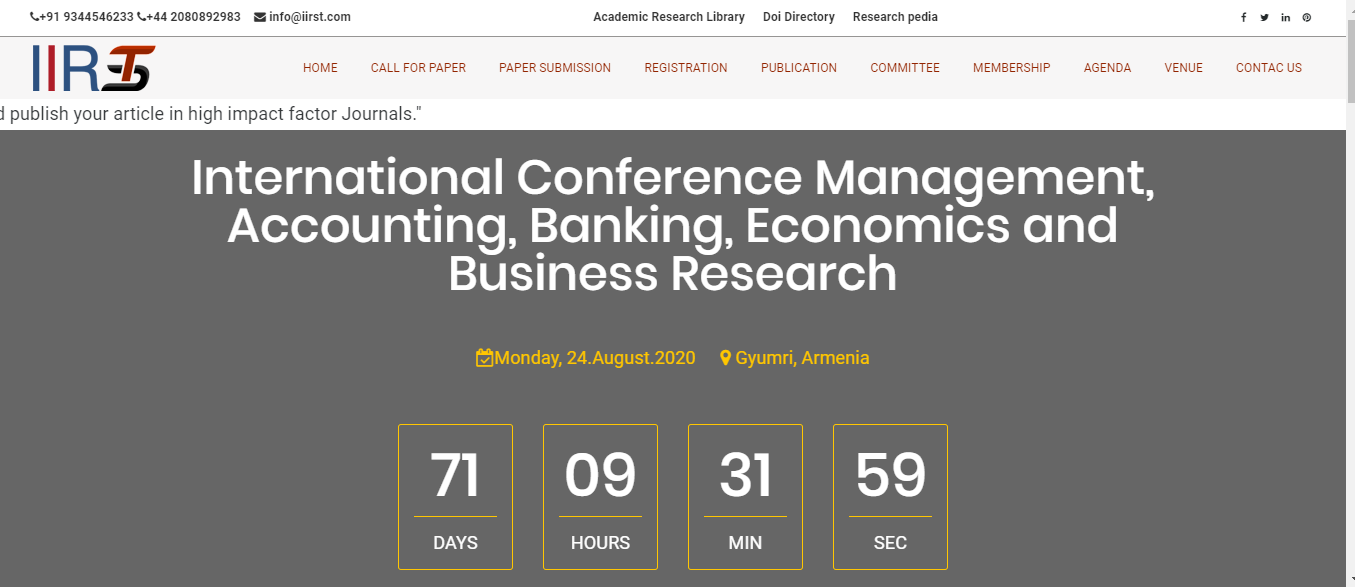 International Conference Management, Accounting, Banking, Economics and Business Research ICMABEBR -20, Gyumri, Armenia