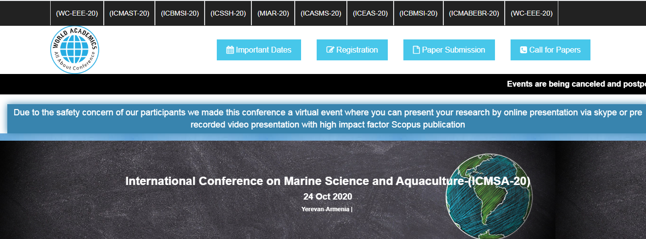 International Conference on Marine Science and Aquaculture-(ICMSA-20), Yerevan, Armenia