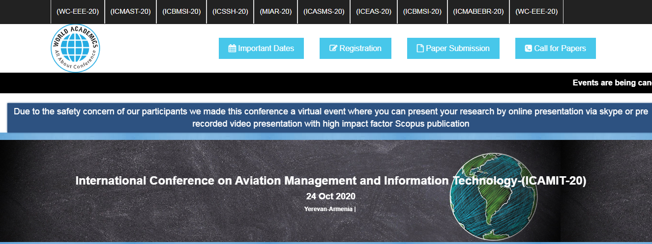 International Conference on Aviation Management and Information Technology-(ICAMIT-20), Yerevan, Armenia