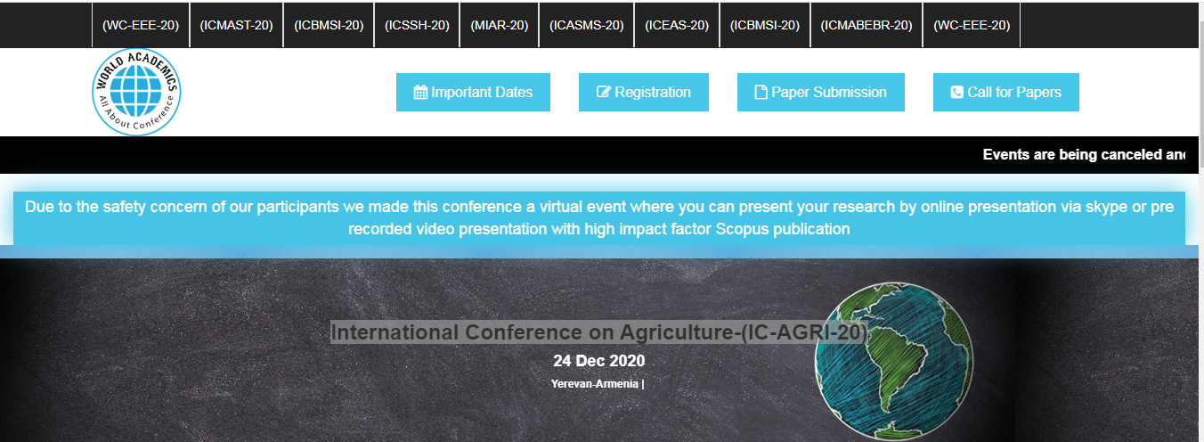 International Conference on Agriculture-(IC-AGRI-20), Yerevan, Armenia