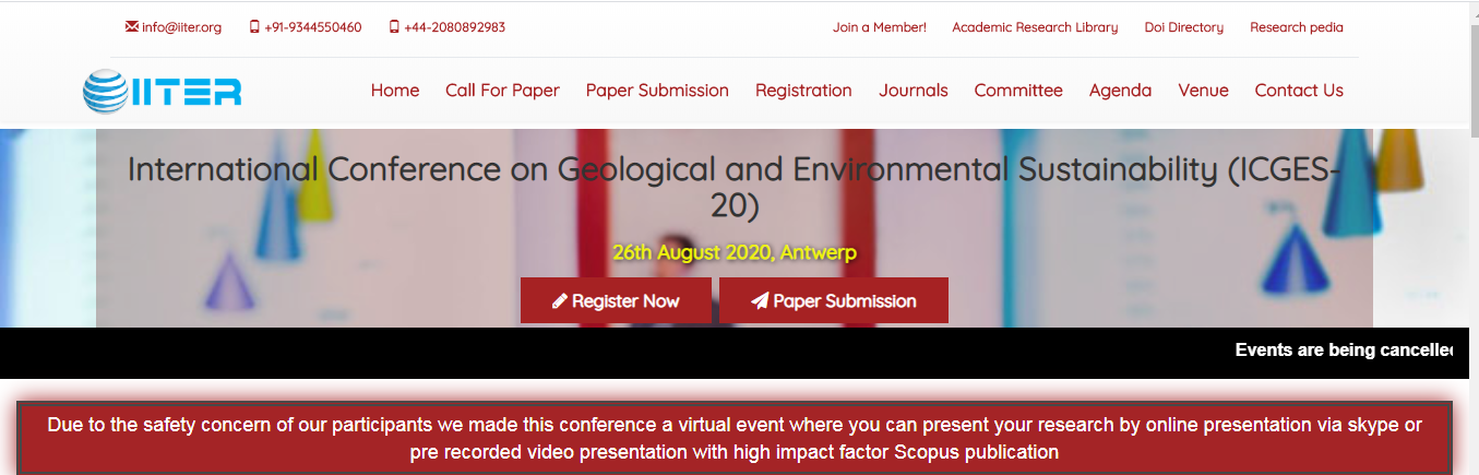 International Conference on International Conference on Geological and Environmental Sustainability (ICGES-20) (ICGES-20), ANTWERP, Belgium