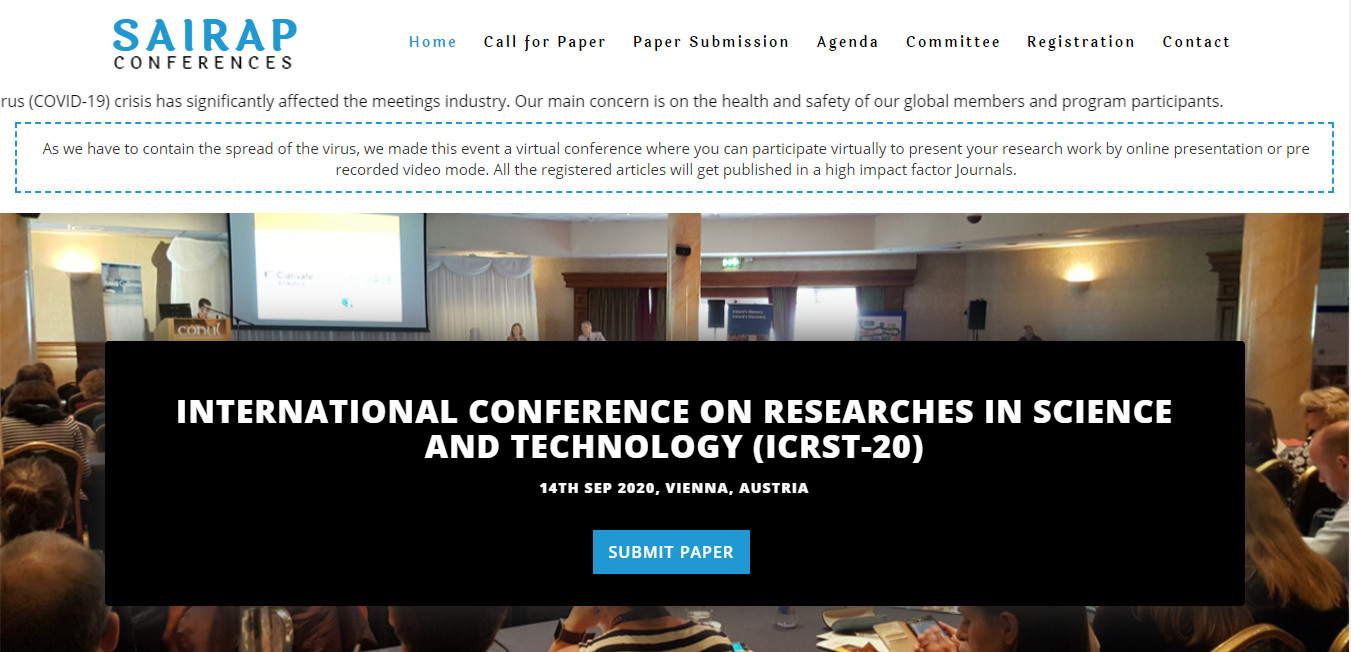 INTERNATIONAL CONFERENCE ON RESEARCHES IN SCIENCE AND TECHNOLOGY (ICRST-20), VIENNA, AUSTRIA, Austria