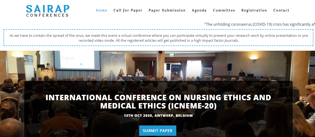 INTERNATIONAL CONFERENCE ON NURSING ETHICS AND MEDICAL ETHICS (ICNEME-20), ANTWERP, Belgium