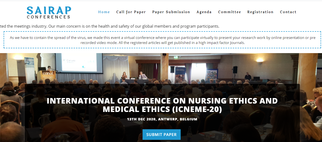 INTERNATIONAL CONFERENCE ON NURSING ETHICS AND MEDICAL ETHICS (ICNEME-20), ANTWERP, Belgium