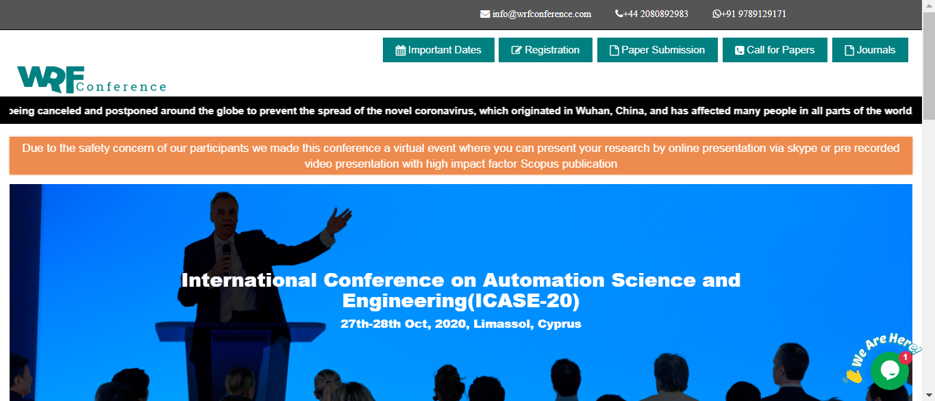 International Conference on Automation Science and Engineering(ICASE-20), Limassol, Cyprus