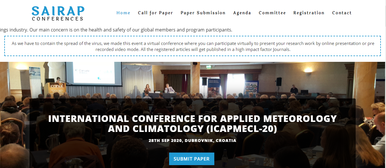 INTERNATIONAL CONFERENCE FOR APPLIED METEOROLOGY AND CLIMATOLOGY (ICAPMECL-20), DUBROVNIK, Croatia