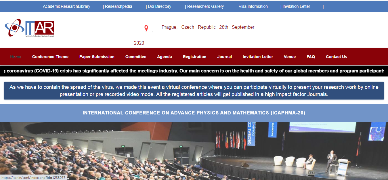 International Conference on Advance Physics and Mathematics(ICAPHMA-20), Prague, Czech Republic, Czech Republic