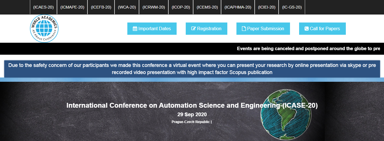 International Conference on Automation Science and Engineering-(ICASE-20), Prague-Czech Republic, Czech Republic