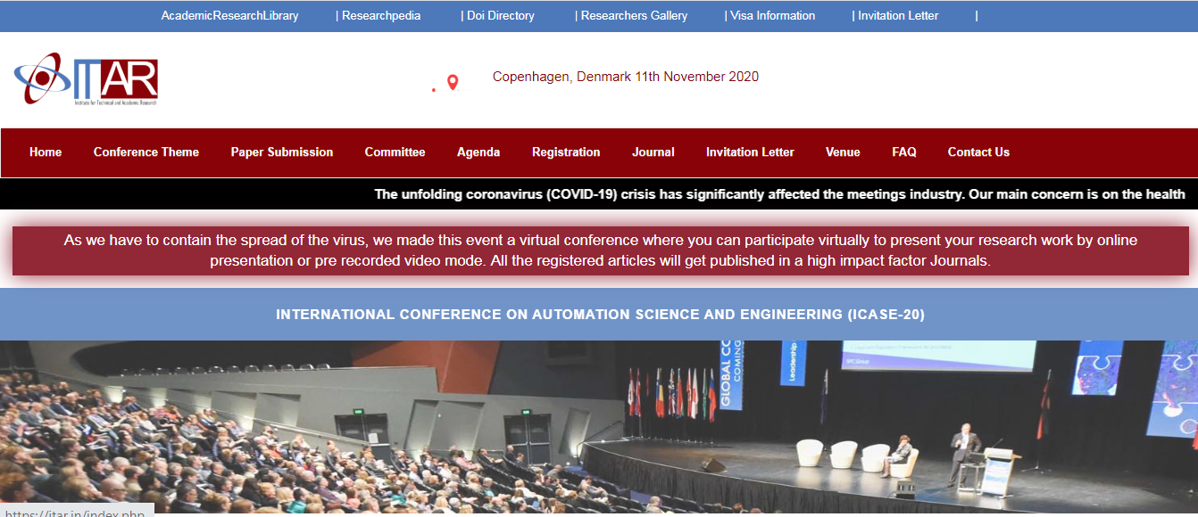 International Conference on Automation Science and Engineering  (ICASE-20), Copenhagen, Denmark
