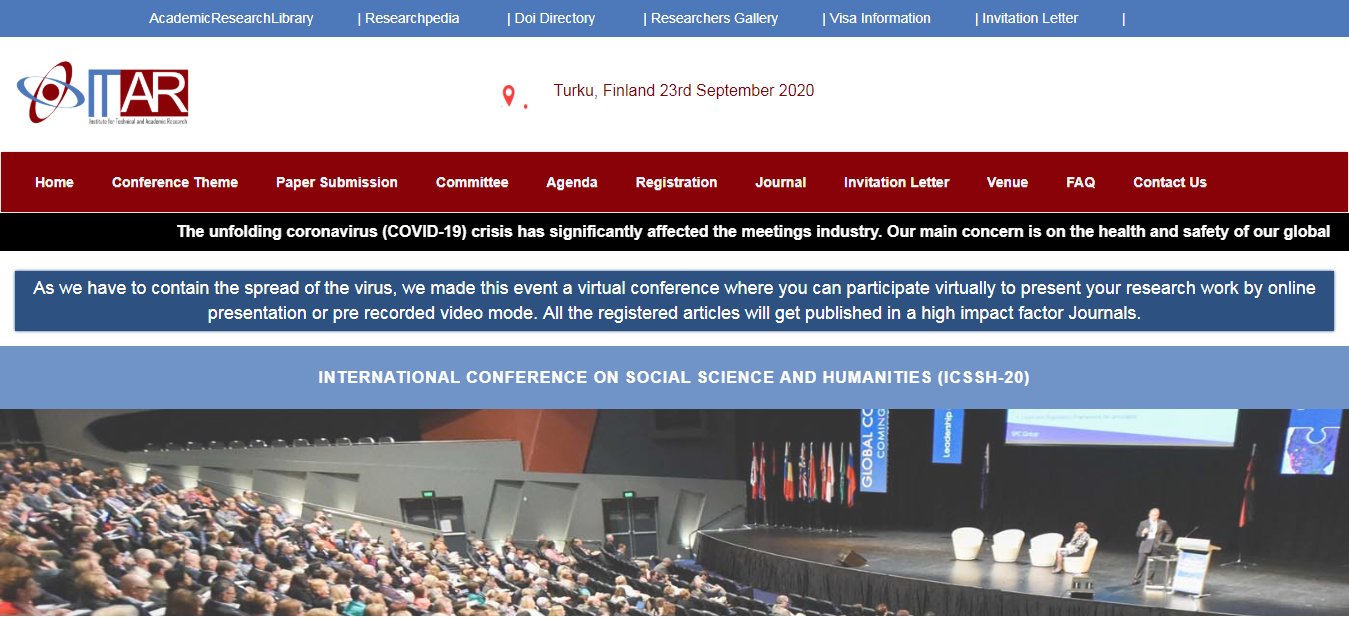 INTERNATIONAL CONFERENCE ON SOCIAL SCIENCE AND HUMANITIES(ICSSH-20), Turku, Finland, Finland