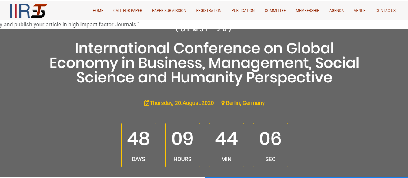 International Conference on Global Economy in Business, Management, Social Science and Humanity Perspective(GEMSH-20), Berlin, Germany,Berlin,Germany