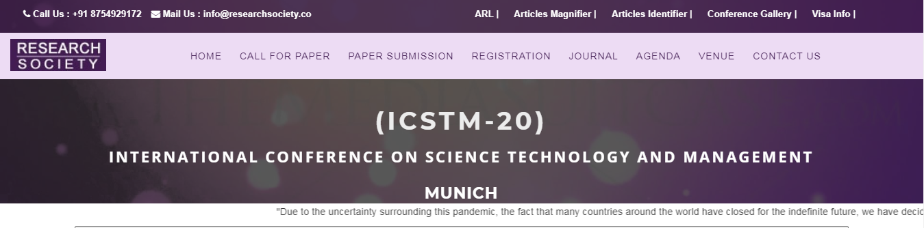 INTERNATIONAL CONFERENCE ON SCIENCE TECHNOLOGY AND MANAGEMENT(ICSTM-20), Munich, Germany, Germany