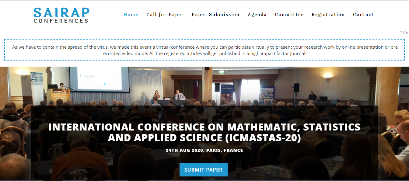 INTERNATIONAL CONFERENCE ON MATHEMATIC, STATISTICS AND APPLIED SCIENCE (ICMASTAS-20), Paris, France