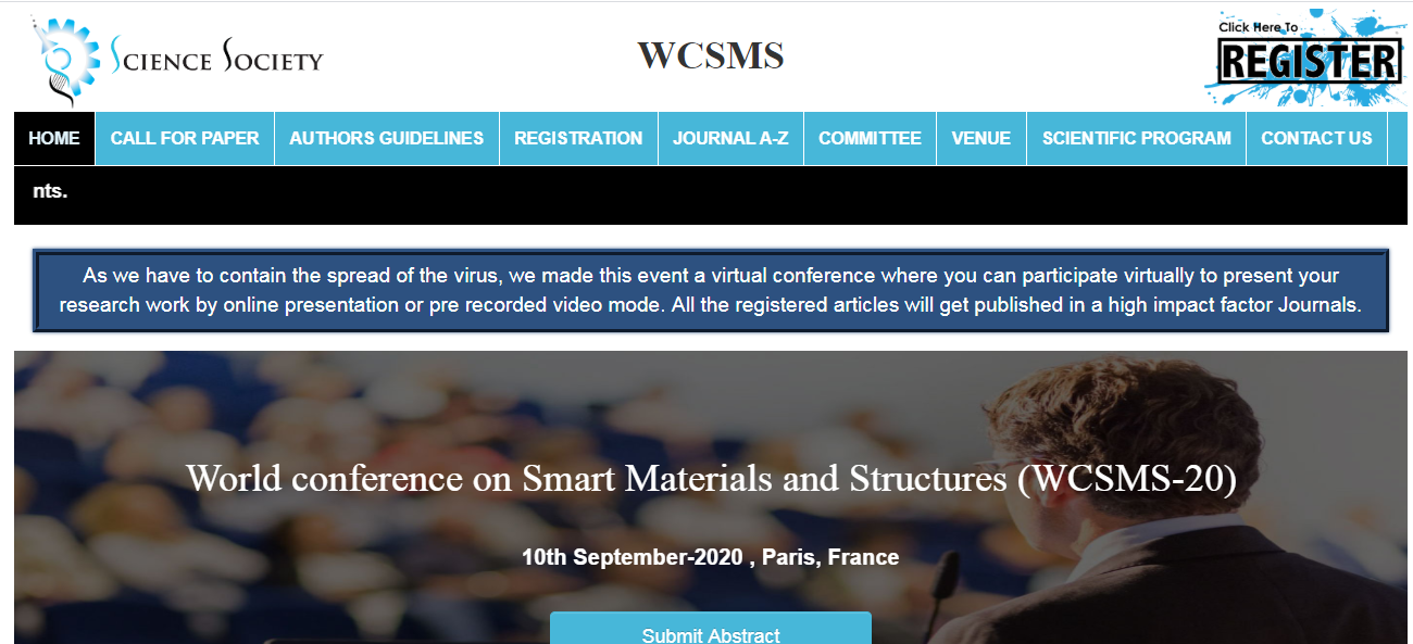 World conference on Smart Materials and Structures (WCSMS-20), Paris, France