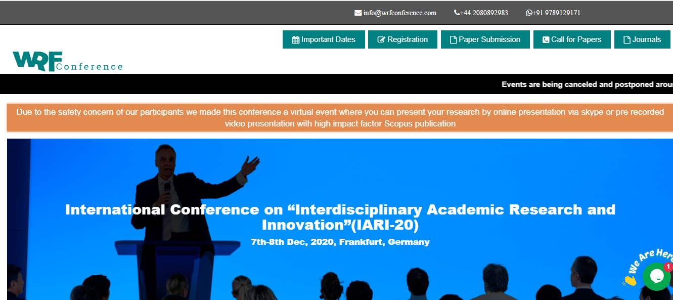 International Conference on “Interdisciplinary Academic Research and Innovation”(IARI-20), Frankfurt, Germany