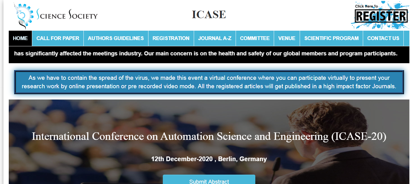International Conference on Automation Science and Engineering (ICASE-20), Berlin, Germany