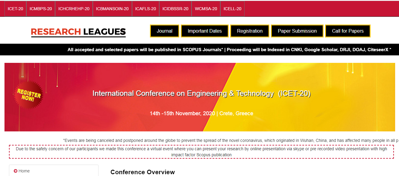 International Conference on Engineering & Technology (ICET-20), Crete, Greece
