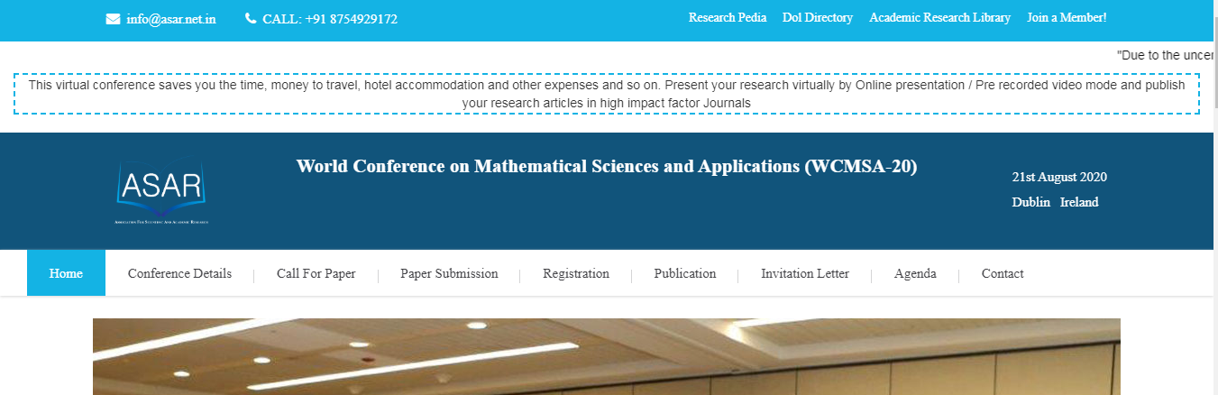 World Conference on Mathematical Sciences and Applications (WCMSA-20), Ireland, Dublin, Ireland