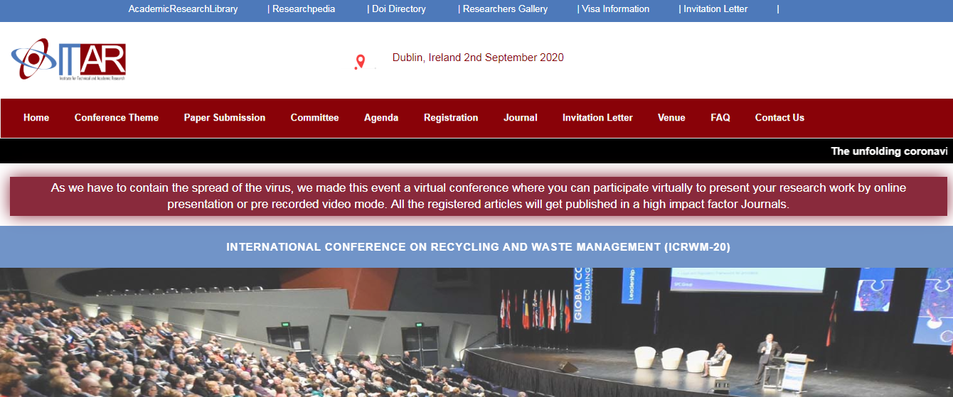 International Conference on Recycling and Waste Management (ICRWM-20), Dublin, Ireland