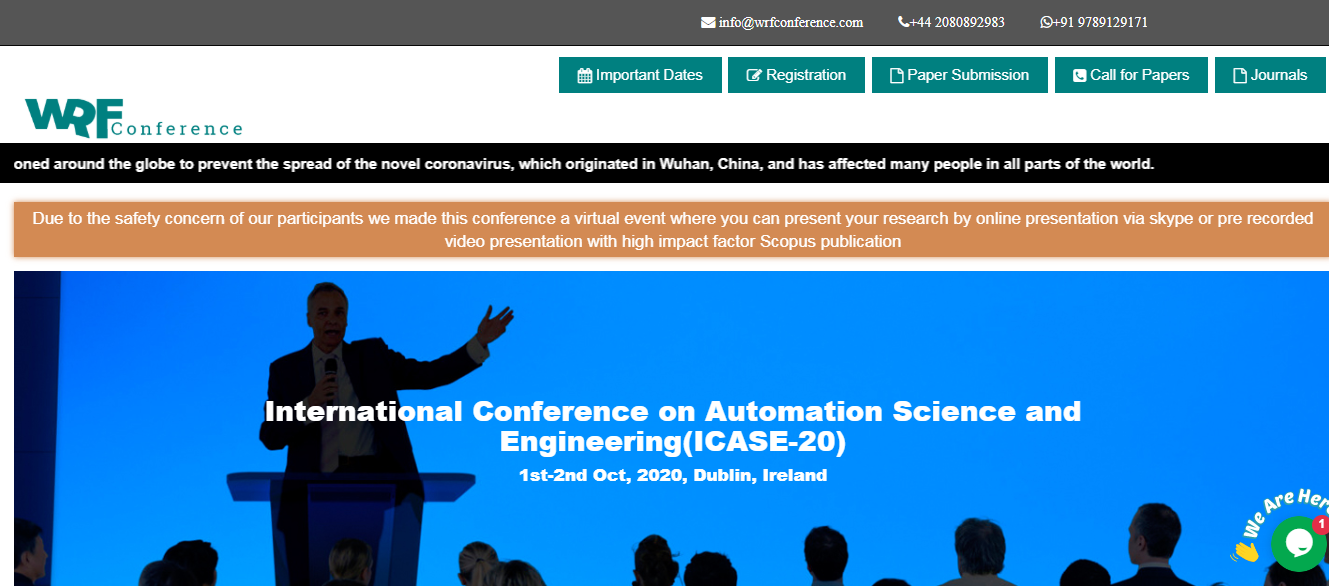 International Conference on Automation Science and Engineering(ICASE-20), Ireland, Dublin, Ireland