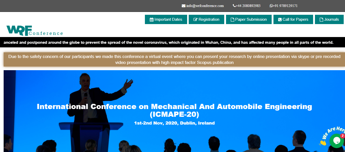 International Conference on Mechanical And Automobile Engineering (ICMAPE-20), Dublin, Ireland