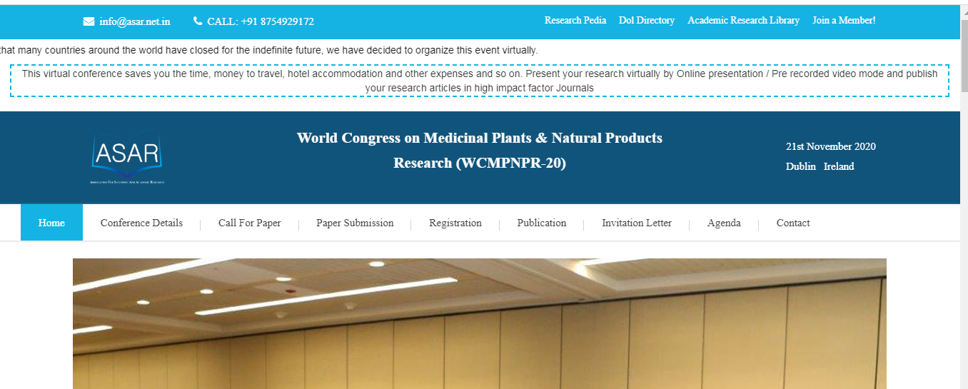 World Congress on Medicinal Plants & Natural Products Research (WCMPNPR-20), Dublin, Ireland