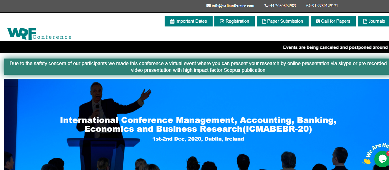 International Conference Management, Accounting, Banking, Economics and Business Research(ICMABEBR-20), Dublin, Ireland