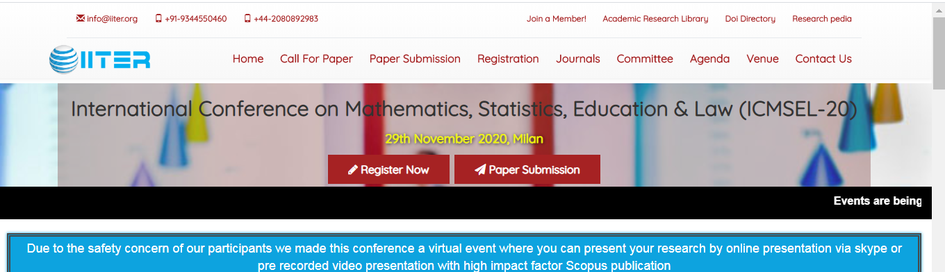 International Conference on Mathematics, Statistics, Education & Law (ICMSEL-20), Milan, Italy