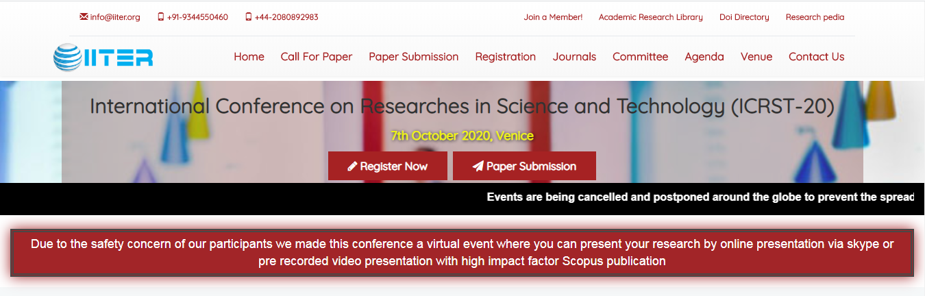International Conference on Researches in Science and Technology (ICRST-20), Venice, Italy, Italy