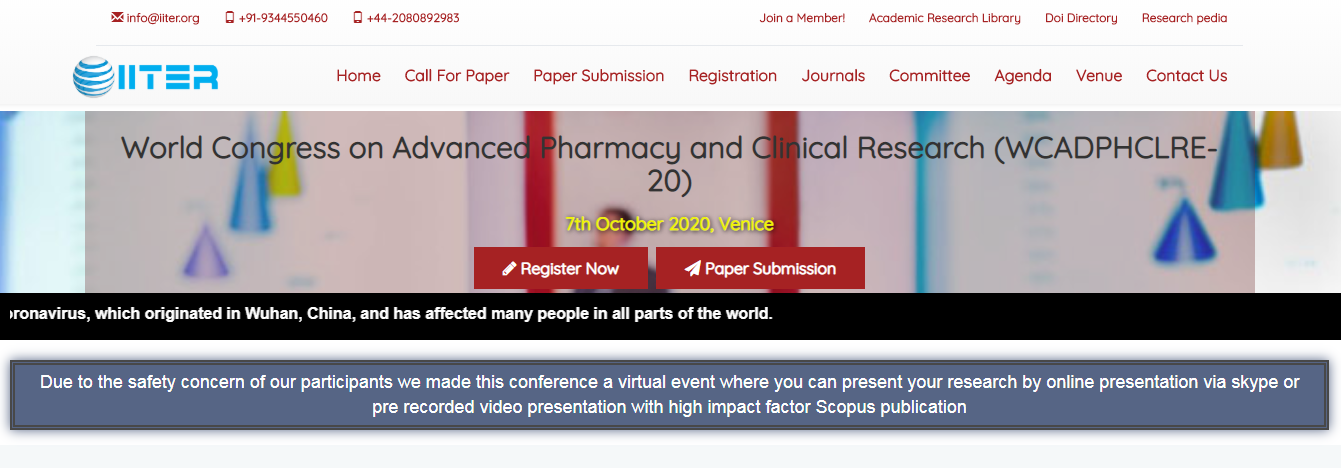 World Congress on Advanced Pharmacy and Clinical Research (WCADPHCLRE-20), Venice, Italy, Italy
