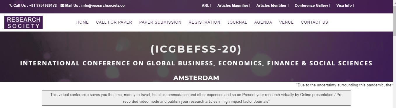 International Conference on Global Business, Economics, Finance & Social Sciences  (ICGBEFSS-20), Amsterdam, Netherlands