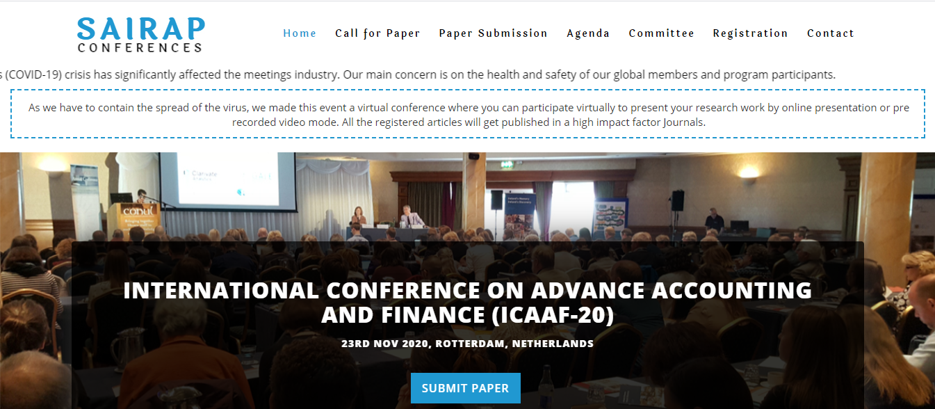 INTERNATIONAL CONFERENCE ON ADVANCE ACCOUNTING AND FINANCE (ICAAF-20), Rotterdam, Netherlands
