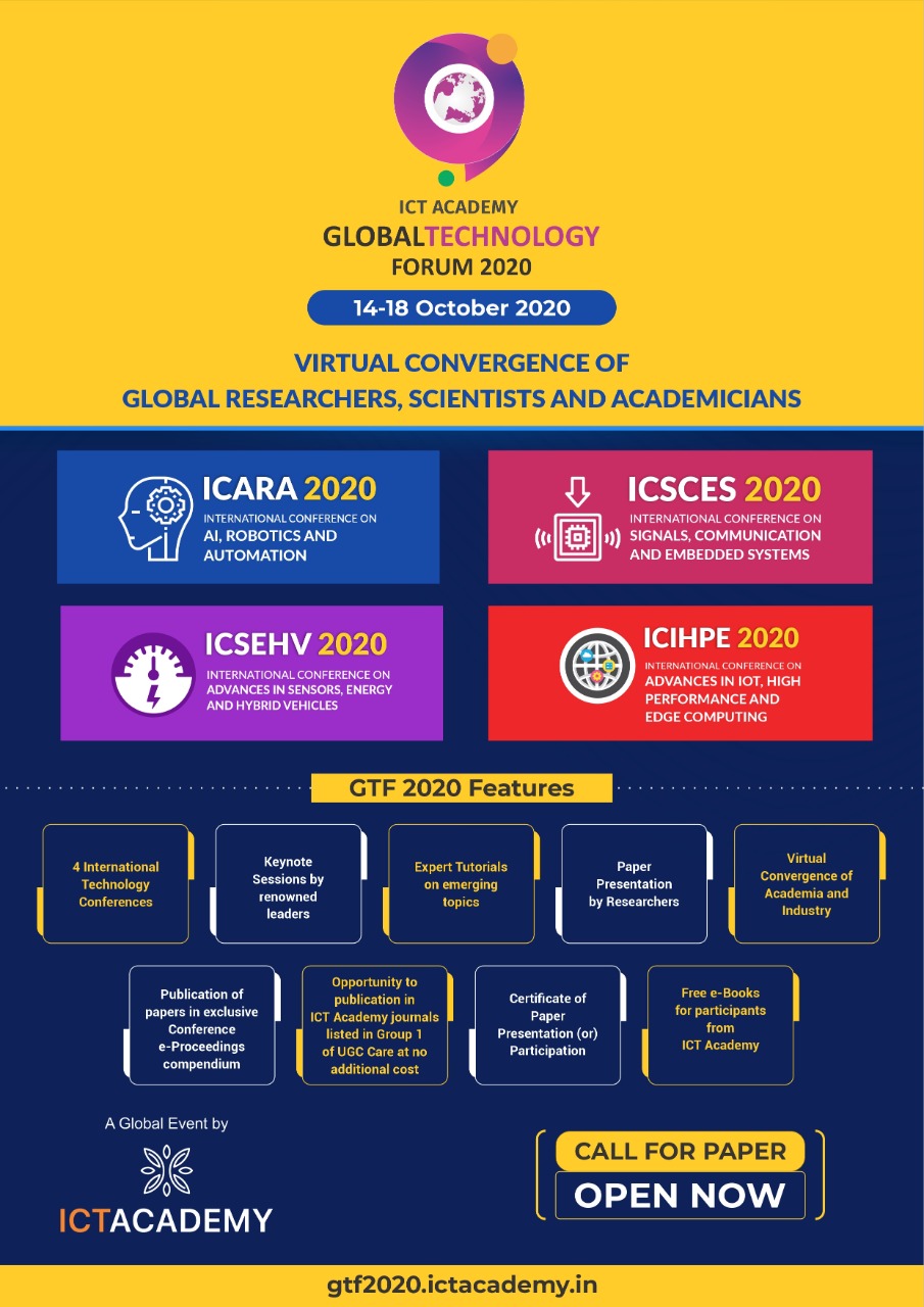 International Conference on AI, Robotics and Automation (ICARA 2020), Chennai, Tamil Nadu, India