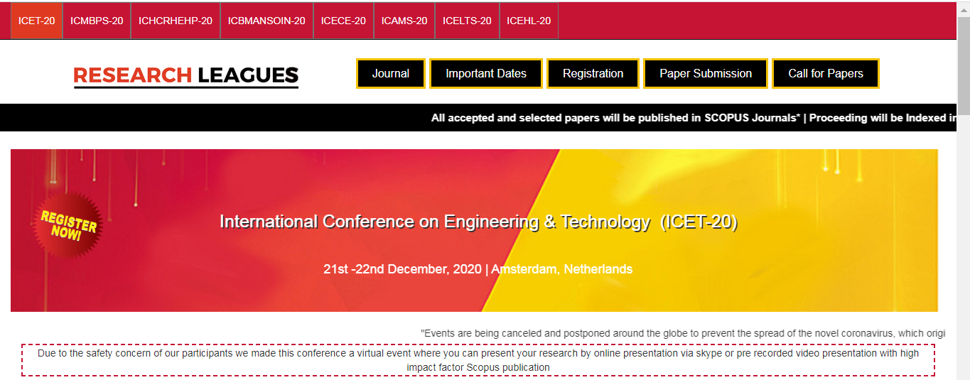 International Conference on Engineering & Technology (ICET-20), Amsterdam, Netherlands