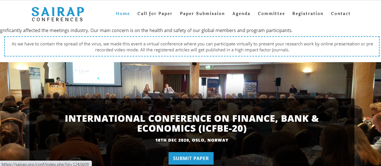 INTERNATIONAL CONFERENCE ON FINANCE, BANK & ECONOMICS (ICFBE-20), Oslo, Norway